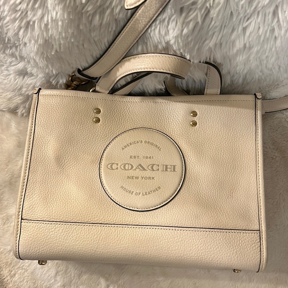 Creme Colored Coach Crossbody Leather Tote Bag